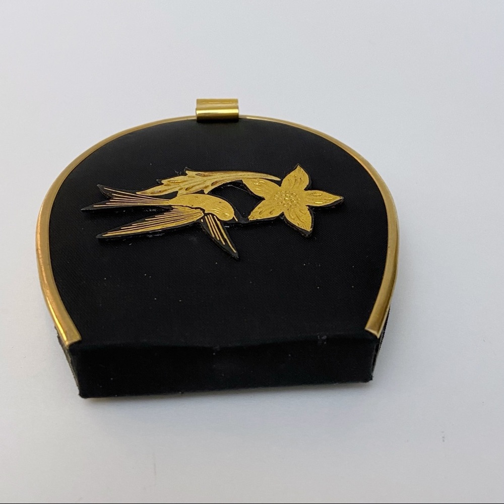 Vintage Black Satin Golden Damascene Floral Bird Appliqué Powder Mirror Compact - Picture 4 of 8